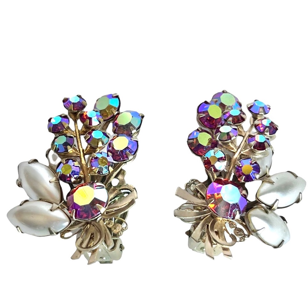 Retro Rhinestone Dazzlers Vintage Rhinestone Earrings Ear Clips Pink Iridescent